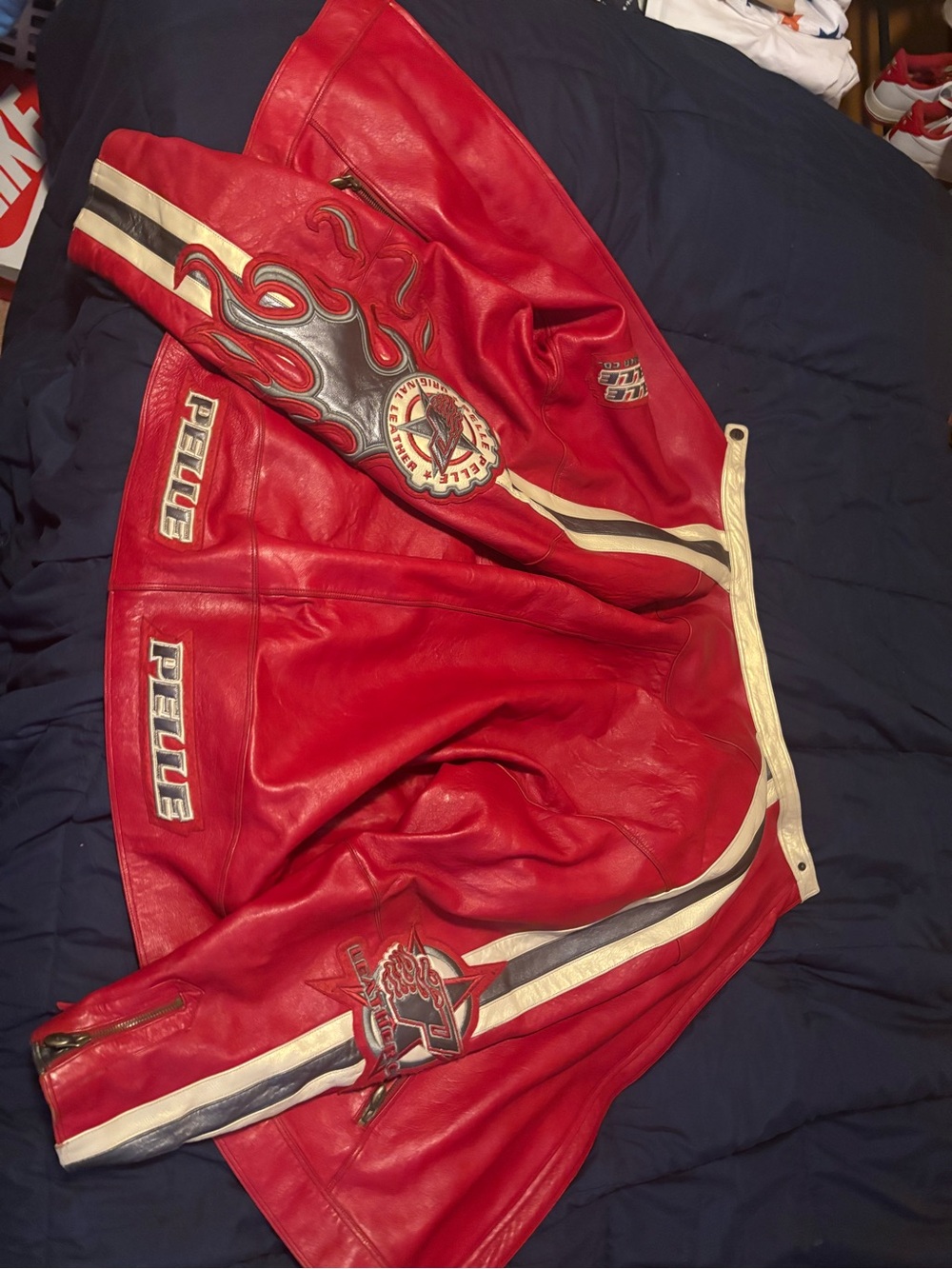 Pelle Pelle Red Leather Jacket with Cream & Gray Racing Stripes